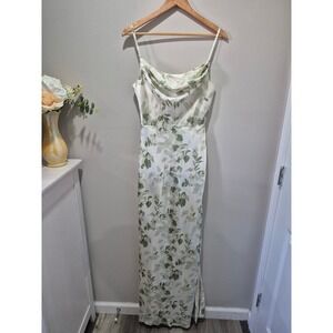 Sage Green Floral Cowl Neck Satin Maxi Dress Botanical Print Side Slit Womens